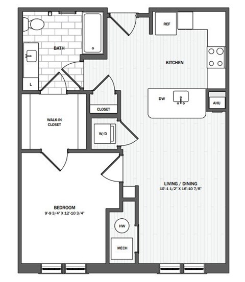 Floor plan for 1 bed, 1 bath, 752 sqft